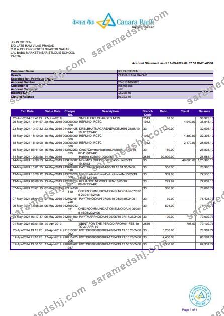 India Canara bank statement 3 – 6 months Word and PDF example, version 2